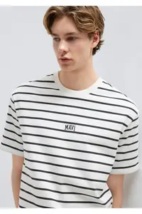Mavi Logo Printed Striped White T-Shirt Loose Fit -86678 - Image 2