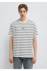 Mavi Logo Printed Striped White T-Shirt Loose Fit -86678 - Image 3