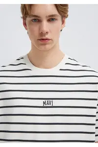Mavi Logo Printed Striped White T-Shirt Loose Fit -86678 - Image 6