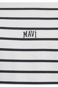Mavi Logo Printed Striped White T-Shirt Loose Fit -86678 - Image 7