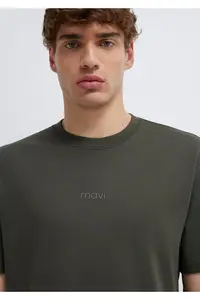 Mavi Logo Khaki Basic Interlock T-Shirt Loose Fit / Loosely Comfortable Cut -71553 - Image 7