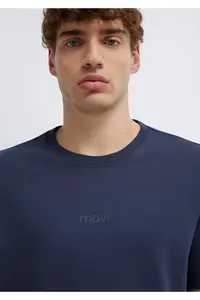 Mavi Logo Navy Blue Basic Interlock T-Shirt Loose Fit / Loosely Comfortable Cut -85315 - Image 6