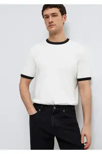 Mavi Piping Detailed Ecru T-Shirt Loose Fit / Loosely Comfortable Cut -70057