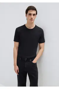 Mavi Ribbed Detailed Black T-Shirt Fitted / Body-Cutting Cut - Image 2