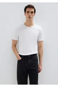 Mavi Ribbed Detailed V-Neck White T-Shirt Fitted