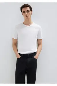 Mavi Ribbed Detailed V-Neck White T-Shirt Fitted - Image 2