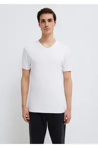 Mavi Ribbed Detailed V-Neck White T-Shirt Fitted - Image 3