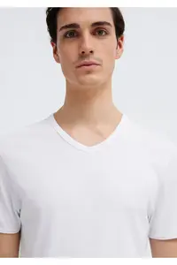 Mavi Ribbed Detailed V-Neck White T-Shirt Fitted - Image 6