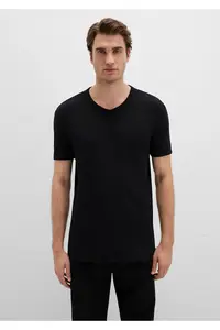 Mavi Ribbed Detailed V-Neck Black T-Shirt Fitted / Fitted Cut - Image 3