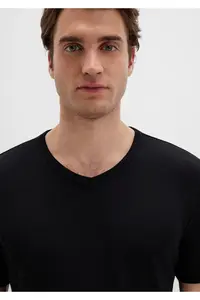 Mavi Ribbed Detailed V-Neck Black T-Shirt Fitted / Fitted Cut - Image 5