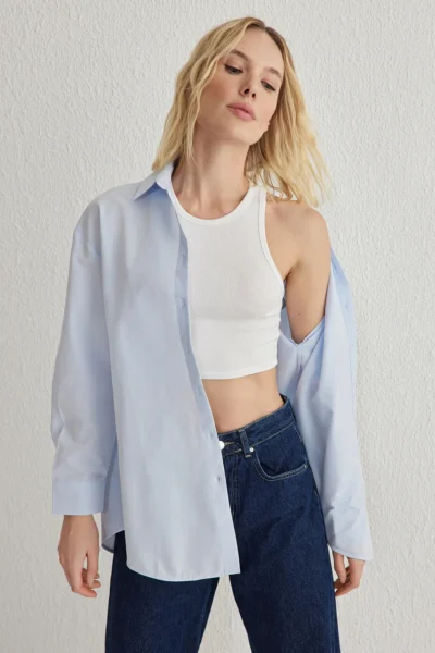 TRENDYOLMİLLA Mavi Regular Normal Pattern Weaving Shirt