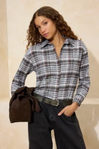 TRENDYOLMİLLA Brown-Multicolored Plaid Stone Printed Wide Pattern Shirt - Image 2