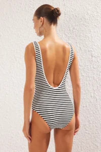 TRENDYOLMİLLA Striped Low-cut back Deep V-neck Covered hipster Swimsuit - Image 4