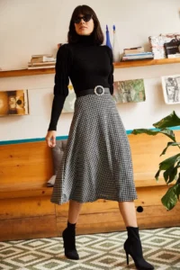 Olalook Women's Houndstooth Black Elastic Waist Suede Textured Bell Skirt - Image 2