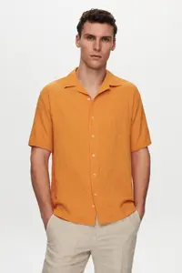 D'S Damat Ds Damat Relaxed Orange Seersucker Short Sleeve Wrinkle-Resistant Shirt