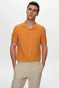 D'S Damat Ds Damat Relaxed Orange Seersucker Short Sleeve Wrinkle-Resistant Shirt - Image 2