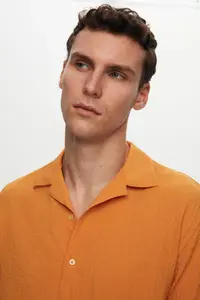D'S Damat Ds Damat Relaxed Orange Seersucker Short Sleeve Wrinkle-Resistant Shirt - Image 3