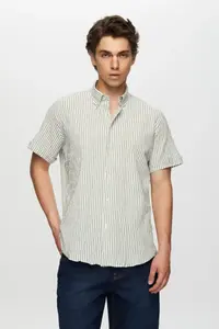 D'S Damat Ds Damat slim Fit Green seersucker Short Sleeve Shirt