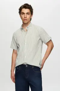 D'S Damat Ds Damat slim Fit Green seersucker Short Sleeve Shirt - Image 3