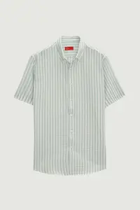 D'S Damat Ds Damat slim Fit Green seersucker Short Sleeve Shirt - Image 5