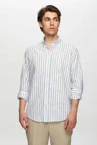 D'S Damat Ds Damat Slim Fit Blue Striped Button Collar 100% Cotton Flared Summer Linen Look Shirt