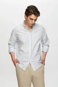 D'S Damat Ds Damat Slim Fit Blue Striped Button Collar 100% Cotton Flared Summer Linen Look Shirt - Image 2