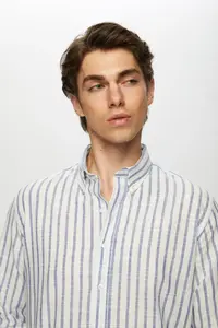 D'S Damat Ds Damat Slim Fit Blue Striped Button Collar 100% Cotton Flared Summer Linen Look Shirt - Image 3
