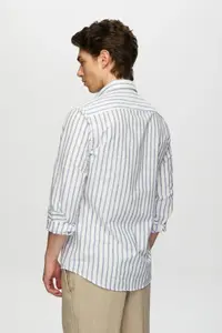 D'S Damat Ds Damat Slim Fit Blue Striped Button Collar 100% Cotton Flared Summer Linen Look Shirt - Image 4