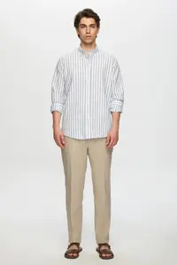 D'S Damat Ds Damat Slim Fit Blue Striped Button Collar 100% Cotton Flared Summer Linen Look Shirt - Image 5
