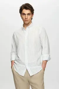 D'S Damat Ds Damat Slim Fit Light Blue Striped Button Collar 100% Cotton Flared Summer Linen Look Shirt