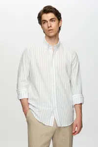 D'S Damat Ds Damat Slim Fit Light Blue Striped Button Collar 100% Cotton Flared Summer Linen Look Shirt - Image 3