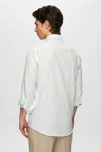 D'S Damat Ds Damat Slim Fit Light Blue Striped Button Collar 100% Cotton Flared Summer Linen Look Shirt - Image 4