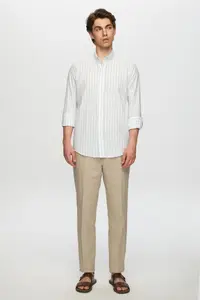 D'S Damat Ds Damat Slim Fit Light Blue Striped Button Collar 100% Cotton Flared Summer Linen Look Shirt - Image 5