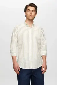 D'S Damat Ds Damat Slim Fit Beige Striped Button Collar 100% Cotton Flared Summer Linen Look Shirt