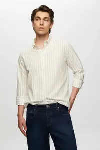 D'S Damat Ds Damat Slim Fit Beige Striped Button Collar 100% Cotton Flared Summer Linen Look Shirt - Image 2