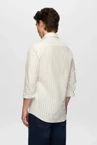 D'S Damat Ds Damat Slim Fit Beige Striped Button Collar 100% Cotton Flared Summer Linen Look Shirt - Image 4