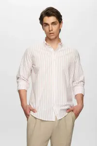 D'S Damat Ds Damat Slim Fit Pink Striped Button Collar 100% Cotton Flared Summer Linen Look Shirt