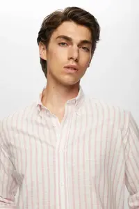 D'S Damat Ds Damat Slim Fit Pink Striped Button Collar 100% Cotton Flared Summer Linen Look Shirt - Image 2