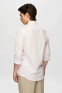 D'S Damat Ds Damat Slim Fit Pink Striped Button Collar 100% Cotton Flared Summer Linen Look Shirt - Image 3