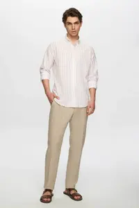 D'S Damat Ds Damat Slim Fit Pink Striped Button Collar 100% Cotton Flared Summer Linen Look Shirt - Image 4