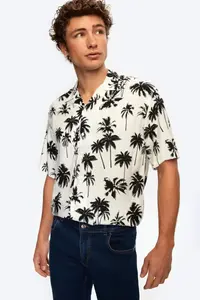 D'S Damat Ds Damat Relaxed Off-White Patterned Palm Tree Patterned Short Sleeve Summer Viscose Shirt - Image 2