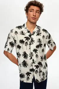 D'S Damat Ds Damat Relaxed Off-White Patterned Palm Tree Patterned Short Sleeve Summer Viscose Shirt - Image 3