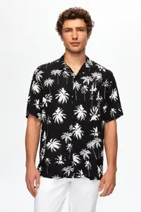 D'S Damat Ds Damat Relaxed Black Patterned Palm Tree Patterned Short Sleeve Summer Viscose Shirt