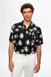 D'S Damat Ds Damat Relaxed Black Patterned Palm Tree Patterned Short Sleeve Summer Viscose Shirt - Image 2