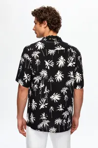 D'S Damat Ds Damat Relaxed Black Patterned Palm Tree Patterned Short Sleeve Summer Viscose Shirt - Image 4
