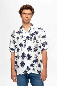 D'S Damat Ds Damat Relaxed White Patterned Palm Tree Patterned Short Sleeve Summer Viscose Shirt