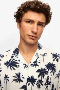D'S Damat Ds Damat Relaxed White Patterned Palm Tree Patterned Short Sleeve Summer Viscose Shirt - Image 2