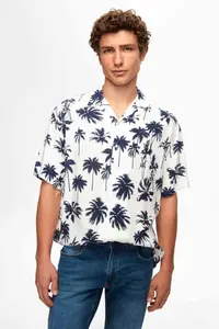 D'S Damat Ds Damat Relaxed White Patterned Palm Tree Patterned Short Sleeve Summer Viscose Shirt - Image 3