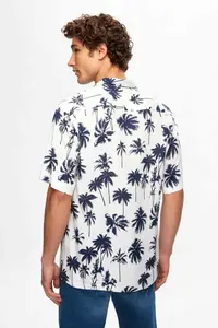 D'S Damat Ds Damat Relaxed White Patterned Palm Tree Patterned Short Sleeve Summer Viscose Shirt - Image 4