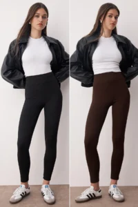 TRENDYOLMİLLA Black-Brown 2 Sets Pack interlock Fitted High Waist Knitting Leggings